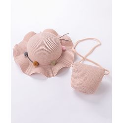 Babyhug Straw Hat With Pom Pom Applique & Purse - Pink