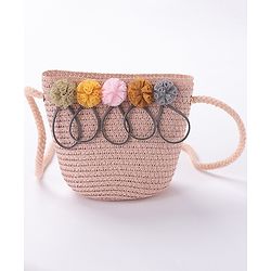 Babyhug Straw Hat With Pom Pom Applique & Purse - Pink