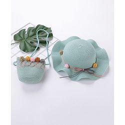 Babyhug Straw Hat With Pom Pom Applique & Purse - Pink