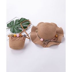 Babyhug Straw Hat With Pom Pom Applique & Purse - Pink