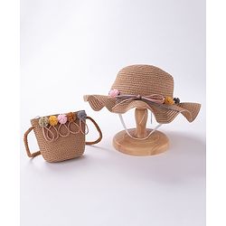Babyhug Straw Hat With Pom Pom Applique & Purse - Pink
