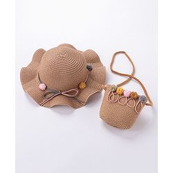 Babyhug Straw Hat With Pom Pom Applique & Purse - Pink