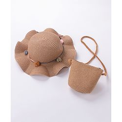 Babyhug Straw Hat With Pom Pom Applique & Purse - Pink