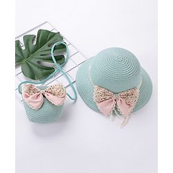 Babyhug Straw Hat With Bow & Purse - Mint Blue