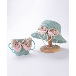 Babyhug Straw Hat With Bow & Purse - Mint Blue