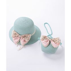 Babyhug Straw Hat With Bow & Purse - Mint Blue