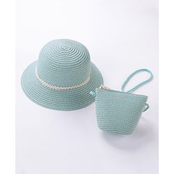 Babyhug Straw Hat With Bow & Purse - Mint Blue
