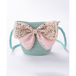 Babyhug Straw Hat With Bow & Purse - Mint Blue