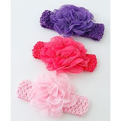 Babyhug Net Flower Applique Headbands Pack Of 3 - Multicolor