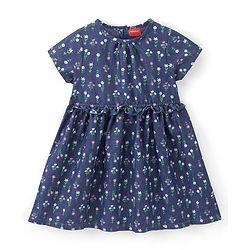 Babyhug 100% Cotton Half Sleeves Floral Print Denim Frock - Blue