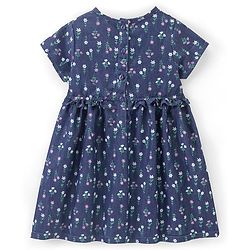 Babyhug 100% Cotton Half Sleeves Floral Print Denim Frock - Blue
