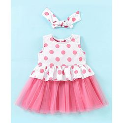 Babyhug 100% Cotton Woven Sleeveless Frock With Head Band Polka Dot Print - Peach