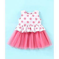 Babyhug 100% Cotton Woven Sleeveless Frock With Head Band Polka Dot Print - Peach
