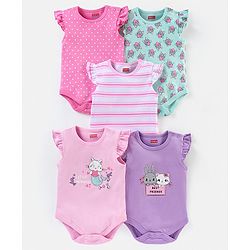 Babyhug 100% Cotton Frill Sleeves Kitty Print Onesies Pack Of 5 - Pink Purple & Green