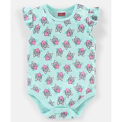 Babyhug 100% Cotton Frill Sleeves Kitty Print Onesies Pack Of 5 - Pink Purple & Green
