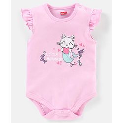 Babyhug 100% Cotton Frill Sleeves Kitty Print Onesies Pack Of 5 - Pink Purple & Green