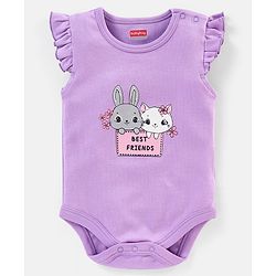 Babyhug 100% Cotton Frill Sleeves Kitty Print Onesies Pack Of 5 - Pink Purple & Green