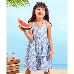 Babyhug Rayon Singlet Woven Checks Frock Floral Print With Headband - Blue