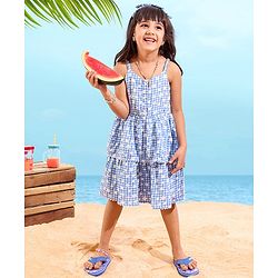 Babyhug Rayon Singlet Woven Checks Frock Floral Print With Headband - Blue