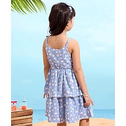 Babyhug Rayon Singlet Woven Checks Frock Floral Print With Headband - Blue