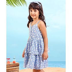 Babyhug Rayon Singlet Woven Checks Frock Floral Print With Headband - Blue