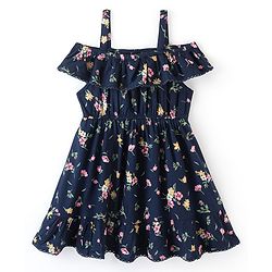 Babyhug 100% Viscose Rayon Singlet Cold Shoulder Floral Print Frock - Navy Blue