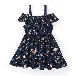 Babyhug 100% Viscose Rayon Singlet Cold Shoulder Floral Print Frock - Navy Blue