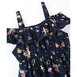 Babyhug 100% Viscose Rayon Singlet Cold Shoulder Floral Print Frock - Navy Blue