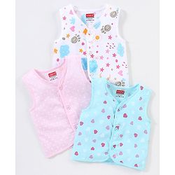 Babyhug 100% Cotton Woven Sleeveless Jhabla Heart Print Pack Of 3 - White & Blue