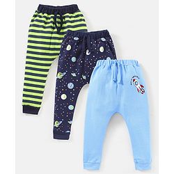 Babyhug Cotton Full Length Diaper Leggings Space & Stripes Print Pack of 3- Blue & Green
