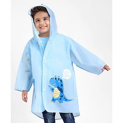 Babyhug Three Forth Sleeves Hooded Raincoat Little Dino Print - Blue