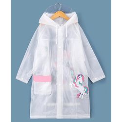 Babyhug Full Sleeves Hooded Raincoat Unicorn Print - White