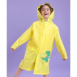 Babyhug Full Sleeves Hooded Raincoat Dino Print - Yellow