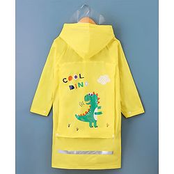 Babyhug Full Sleeves Hooded Raincoat Dino Print - Yellow