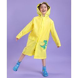 Babyhug Full Sleeves Hooded Raincoat Dino Print - Yellow
