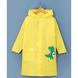 Babyhug Full Sleeves Hooded Raincoat Dino Print - Yellow