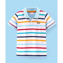 Babyhug Cotton Half Sleeves Striped Polo T-Shirt- White & Blue