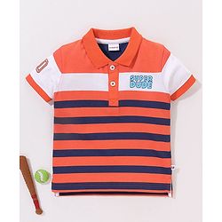 Babyhug Cotton Knit Half Sleeves Polo T-Shirt Stripes  - Navy Orange