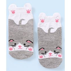 Cutewalk By Babyhug Anti Bacterial Anti Skid Ankle Length Non Terry Socks Kitty Design- Grey