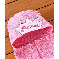 Babyhug Cotton Knit Hooded Towel Princess Embroidery - Pink