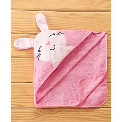 Babyhug Terry Cotton Knit Hooded Towel Bunny Applique - Pink