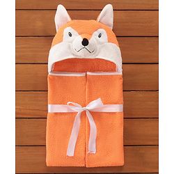 Babyhug Hooded Terry Towel Fox Embroidery - Orange