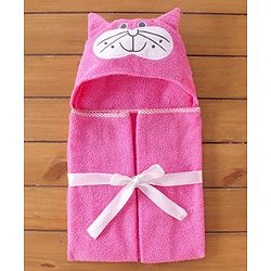 Babyhug Terry  Cat Embroidery Hooded Towel - Pink