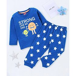 Babyhug Cotton Knit Full Sleeves Night Suit Star Print  - Blue