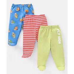 Babyhug Cotton Full Length Bootie Pants Stripes & Fruit Print Pack Of 3- Green & Blue