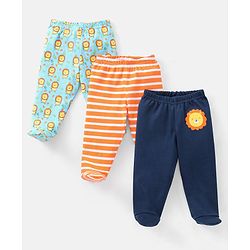 Babyhug Cotton Full Length Bootie Pants Stripes & Lion Print Pack Of 3- Blue & Orange