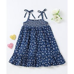 Babyhug 100% Viscose Sleeveless Floral Print Frock with Cotton Lining - Navy Blue