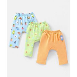 Babyhug Cotton Full Length Diaper Pants Stars & Milk Print Pack Of 3- Orange & Green