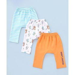 Babyhug Cotton Full Length Dino Print Diaper Leggings Pack Of 3 - Blue White & Orange