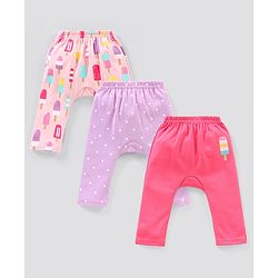 Babyhug Cotton Knit Full Length Striped Diaper Leggings Ice Cream Theme Print Pack of 3 - Pink & Peach